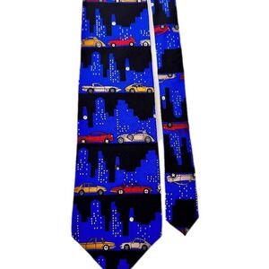 Vicky‎ Davis Necktie Men OS Blue Rush Hour Cityscape Cars Silk Vintage VD2167